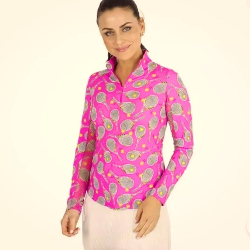 IBKUL Venus Hot Pink Tennis Racket Print Women's Top Size Medium Long Sleeved - Picture 10 of 10